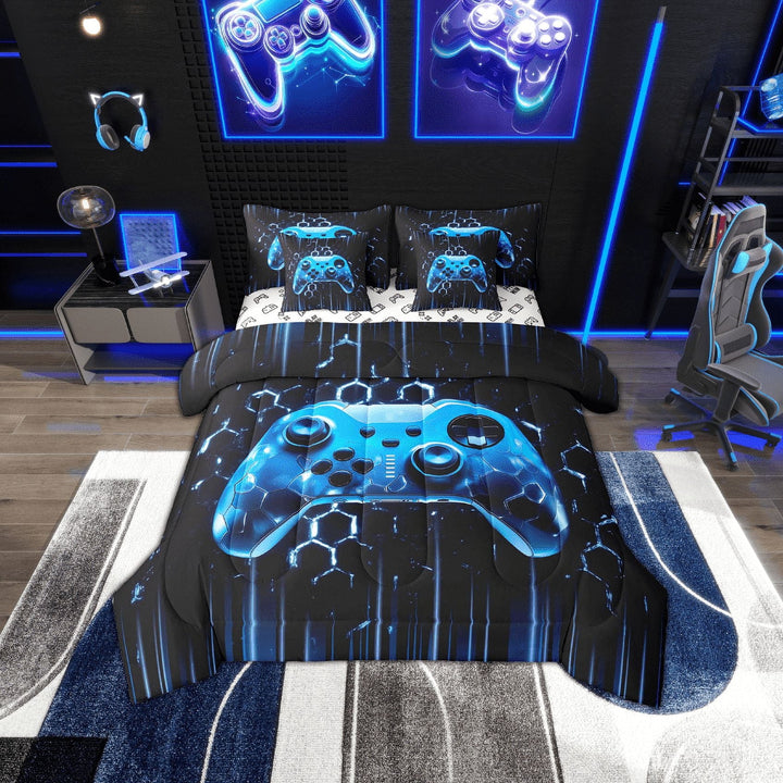 Erosebridal Gradient Blue Gampad Bedding Sets Twin Size, Gamer Game Comforter Sets with Sheets for Teens Bedroom Decor, Reversible 7-Piece