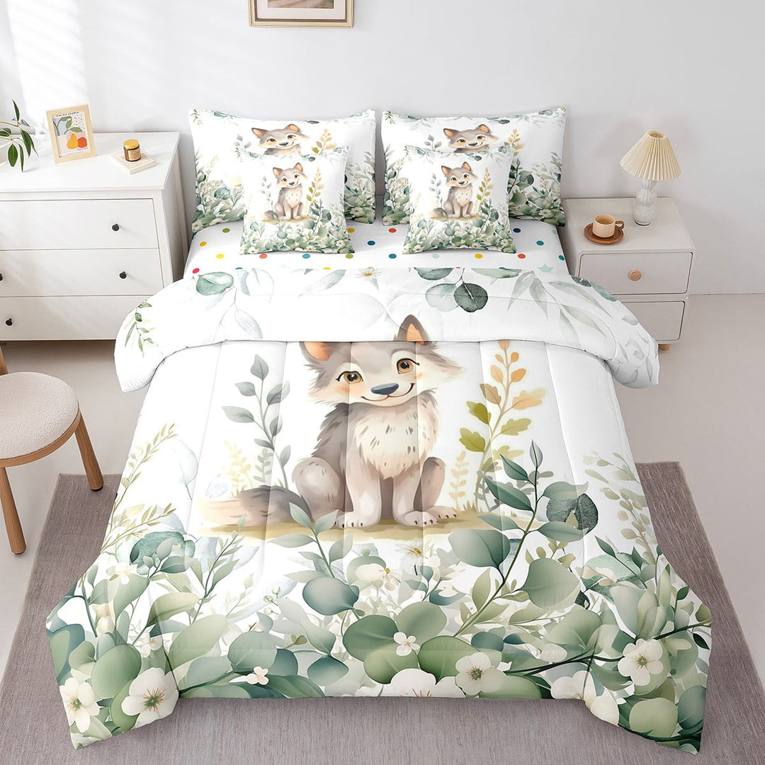 Kawaii Wolf Bed in a Bag 7-Piece Cartoon Animal Bedding Set, Eucalyptus Leaves Twin Comforter Set Jungle Wildlife Bedding Comforter Sets, Tropical Botanical Plants Bed Set