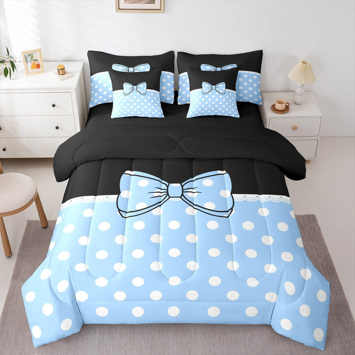 Erosebridal Blue Bow-tie Bedding Twin Size, Princess Bowknot Bed in a Bag Twin size, Cute Polka Dot Decor, Reversible