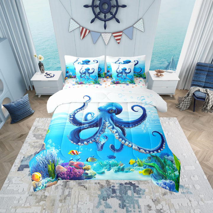 Erosebridal Blue Octopus Bed in a Bag Twin size, Underwater World Bed Set, Cartoon Ocean Reversible Bedding Twin Size, Lightweight Room Decor, 7-Piece