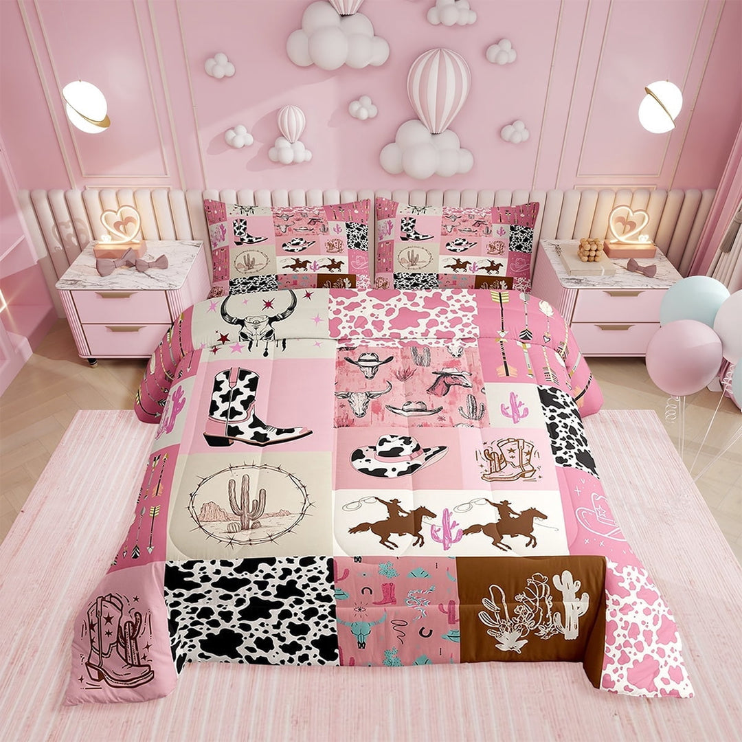 Western Bedding Queen Western Cowgirl Boots Hat Decorations Comforter Set, Boho Bull Skull Head Bedding Comforter Sets Cute Milk Cow Print Cactus Quilt with 2 Pillowcases