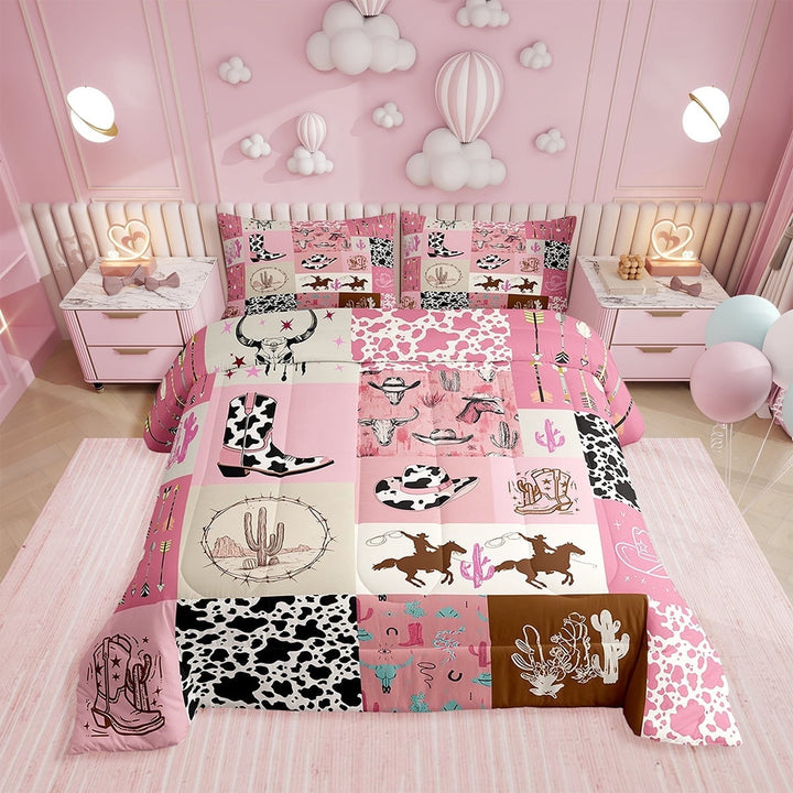 Western Bedding Queen Western Cowgirl Boots Hat Decorations Comforter Set, Boho Bull Skull Head Bedding Comforter Sets Cute Milk Cow Print Cactus Quilt with 2 Pillowcases