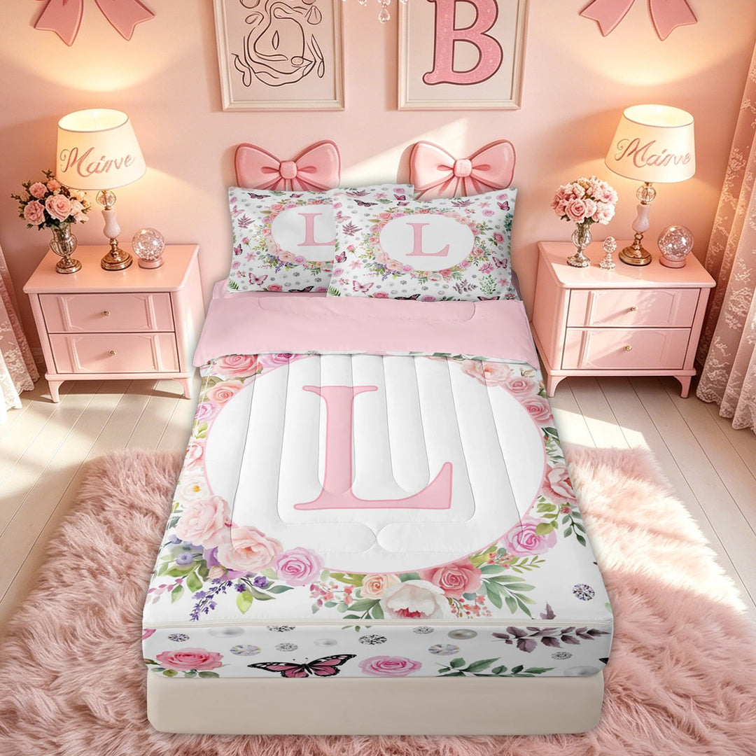 meiyoeat Pink Floral Butterfly Letter L Zipper Comforter Set with Fitted Sheet and 2 Pillowcases for Girls, Cute Monogram Zipper Bedding Set, Pink Reversible, 3-Piece