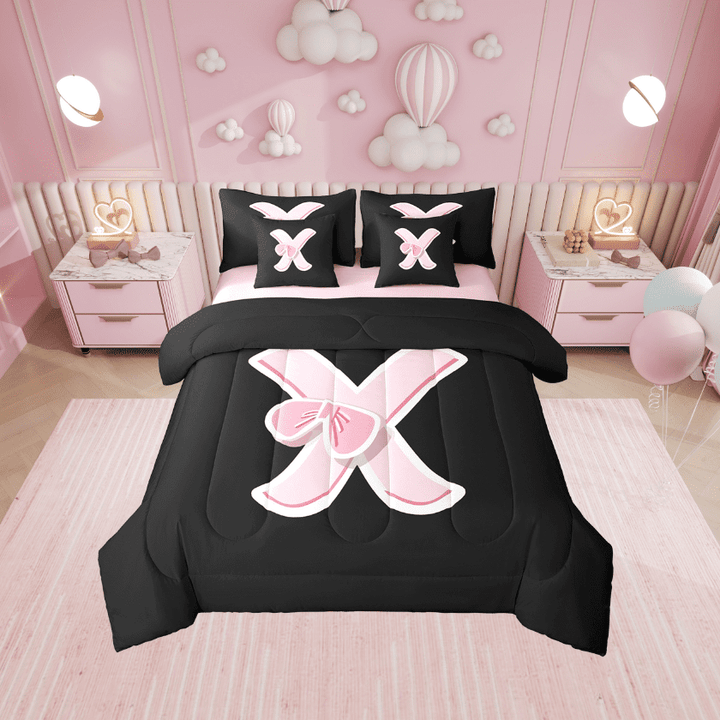Erosebridal Black Pink Bowknot Bedding Twin Size, Initial Letter X Bedding Sets Twin Size, Cartoon Monogrammed Reversible Bed Set, Breathable Bedroom Decorative, 7pcs
