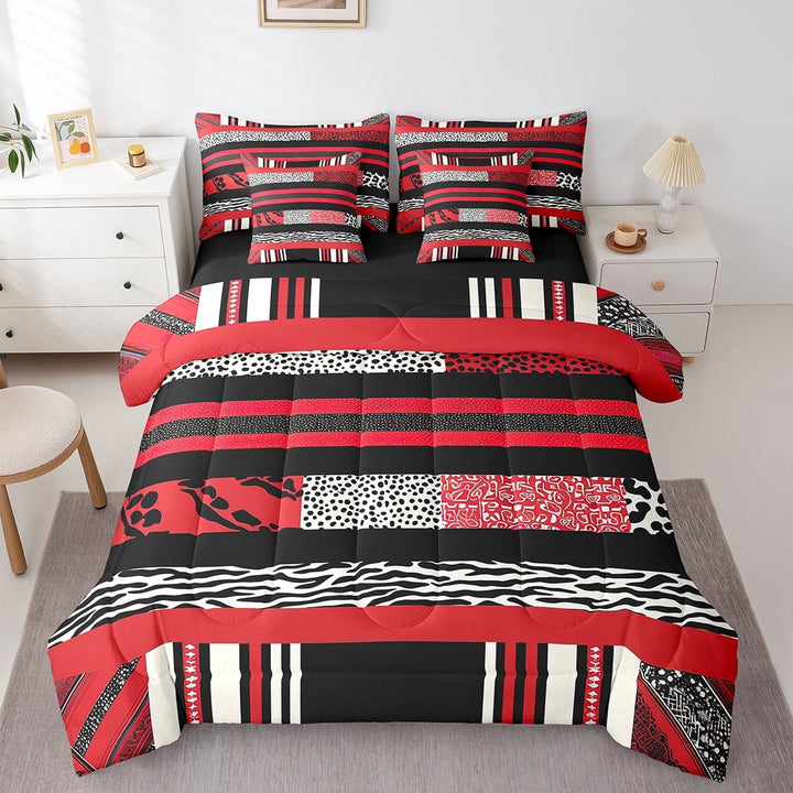 Red Striped King Comforter Set,7 Pieces Leopard Print Zebra Stripes Comforters King Bed in a Bag for Bedroom,Geometry Spot Aztec Bedding Comforter Sets with Comforter,Sheets,Shams &amp; Pillowcases