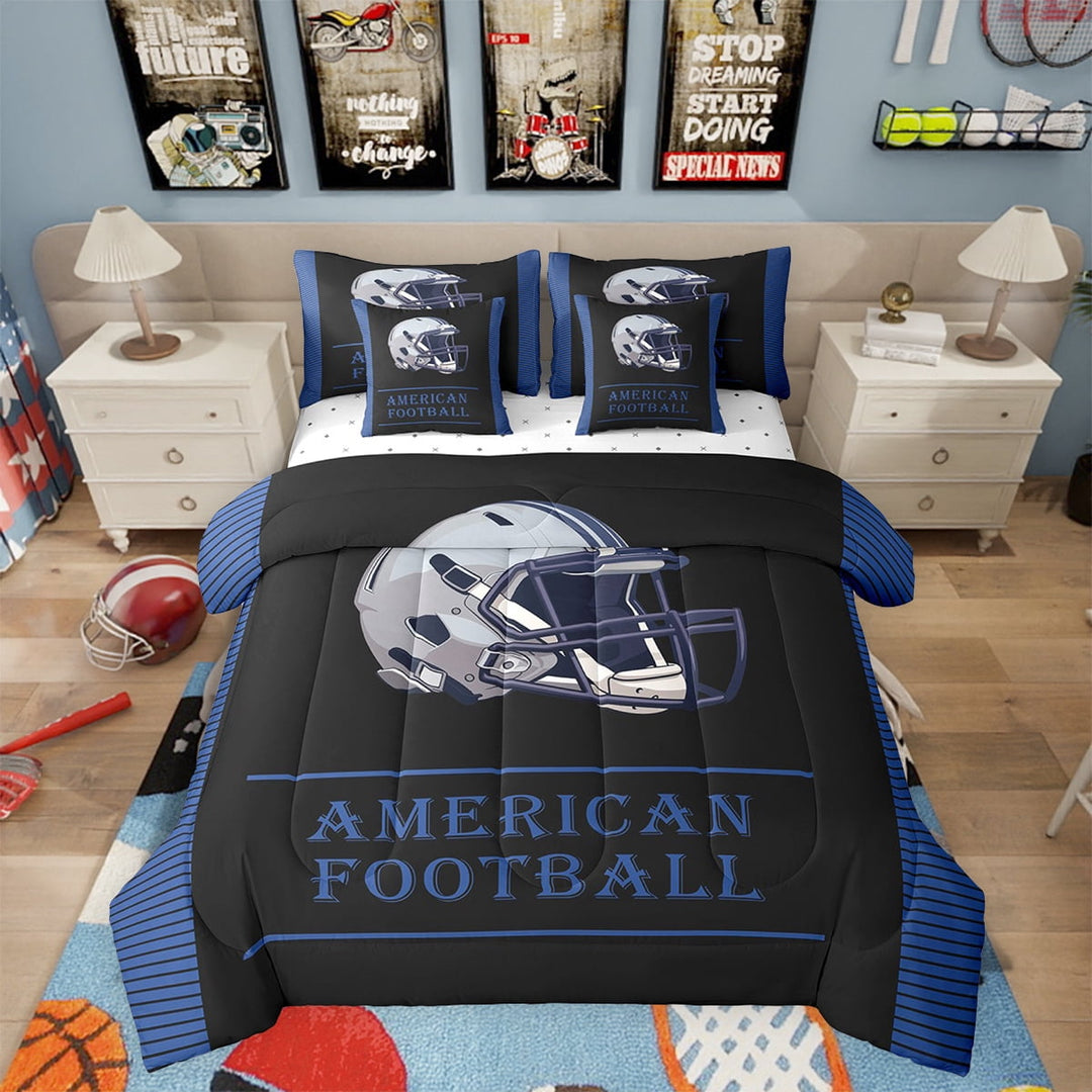 Erosebridal American Football 7 Piece Bedding Set Twin Size Rugby Theme Comforter Set with Sheets Teens Black Blue Stripe Bed in a Bag Sport Helmet Bed Set