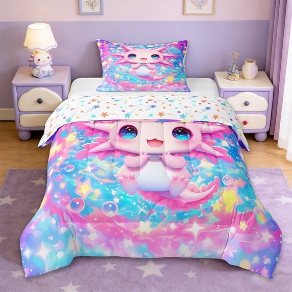 Erosebridal Ocean Animal Axolotl Twin Comforter Sets,Pink Kawaii Salamander Bedding Set For Girl, Reversible 2-Piece