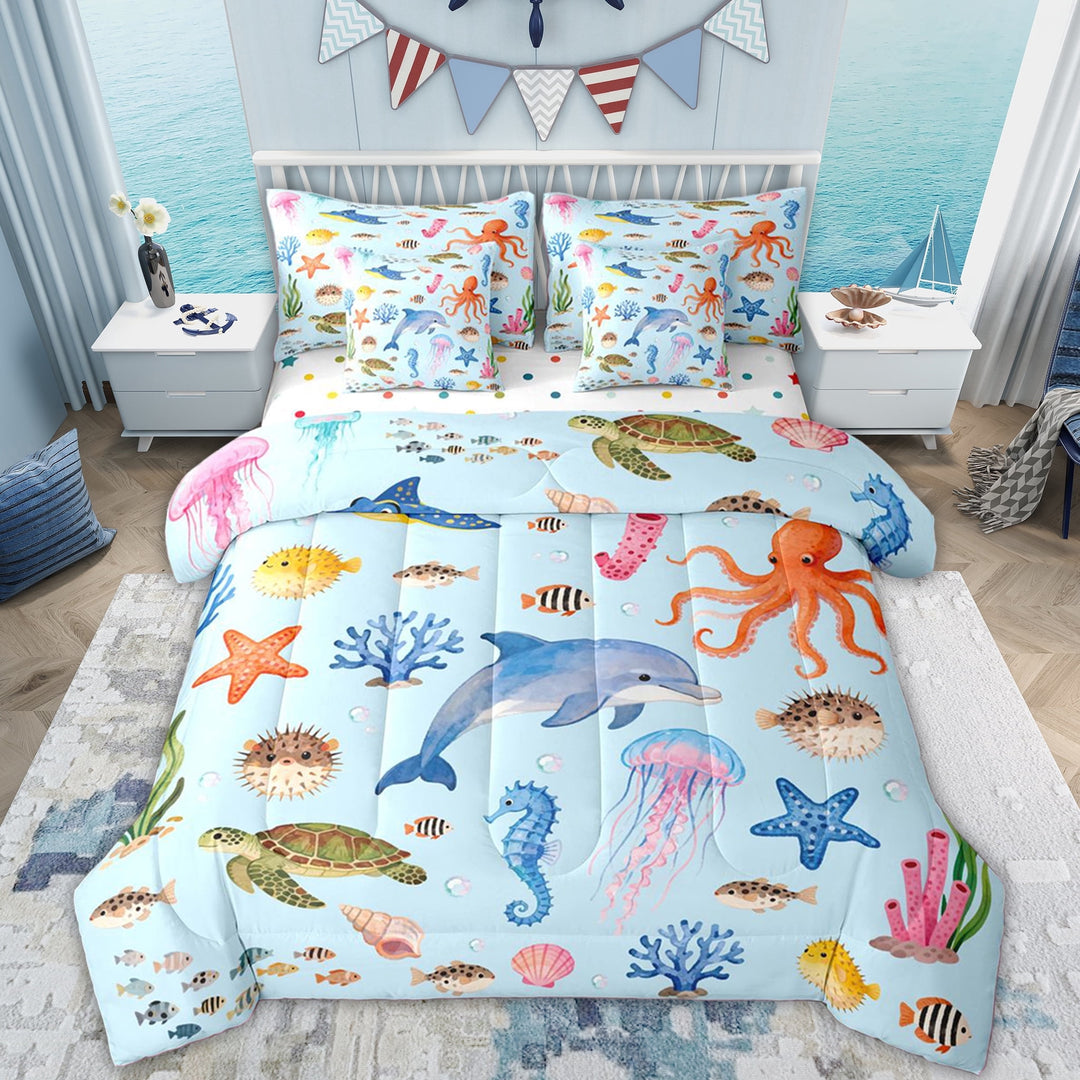 Erosebridal Cartoon Dolphin Twin Bedding Sets, Seahorse Jellyfish Bedding Comforter Set, Blue, 7pcs