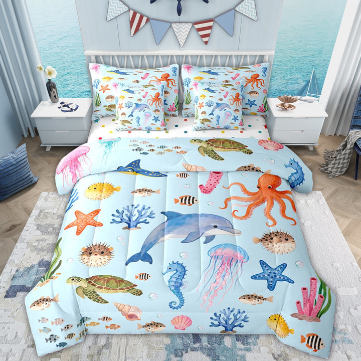 Erosebridal Cartoon Dolphin Twin Bedding Sets, Seahorse Jellyfish Bedding Comforter Set, Blue, 7pcs