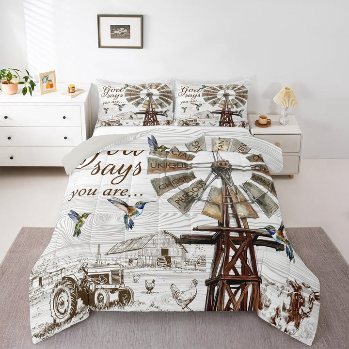 Farmhouse Windmill Comforter Set, Rustic Hummingbird Bedding Set , Farm Cow Rooster Animal Bedding Comforter Sets Western Vintage Wooden Barn Quilt Farmhouse Gifts For Women, Full