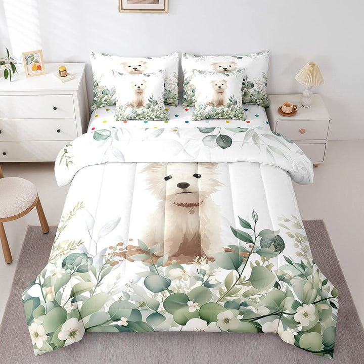 YST Cartoon Dog Bedding Comforter Sets 7pcs Pet Puppy Pug Bed in a Bag, Spring Plant Twin Bedding Sets Eucalyptus Leaf Comforter Set, Animal Theme Bedding Sets &amp; Collections Kids Room Decor