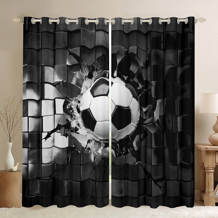 Erosebridal Black Soccer Curtains for Living Room (38Wx45L),Geometric Plaid 30%-50% Blackout Curtains Set of 2 (38x45),Sport Gamer Curtains and Drapes,Buffalo Room Decor