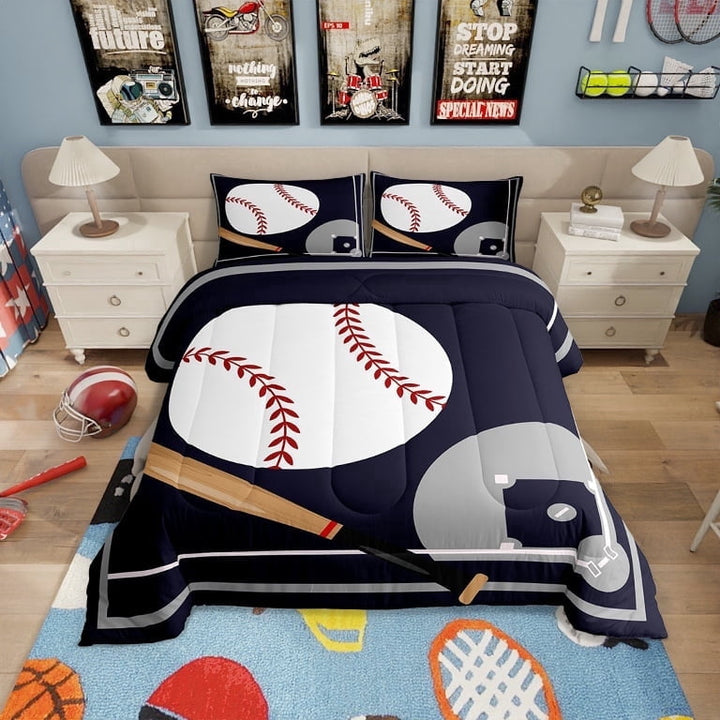 Baseball Comforter&amp;nbsp;Set Full Size Baseball Bedding Set Teens,Sports Themed Down Comforter Dark Blue Ball Gaming Quilt Bed Set Baseball Room Decor with 2 Pillowcases