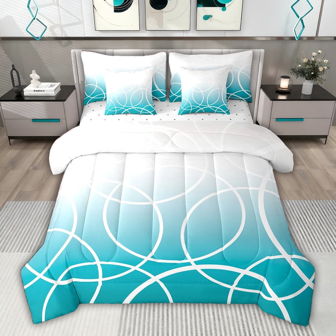 jejeloiu Stripes Lines Circle 7 Pieces Bedding Comforter Set,Cyan White Full Bedding Set For Teens Kids Reversible