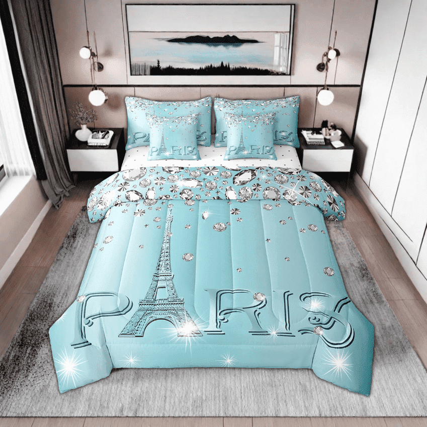 Erosebridal Paris Comforter Set Teens,Eiffel Tower Sequins Bed in A Bag Twin,Teal Sparkles Bedding Sets,(Not Real)Diamond Reversible Bed Sets with Sheet Set Bedroom Decor