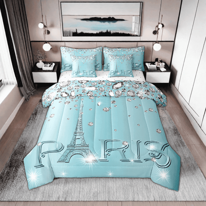Erosebridal Paris Comforter Set Teens,Eiffel Tower Sequins Bed in A Bag Twin,Teal Sparkles Bedding Sets,(Not Real)Diamond Reversible Bed Sets with Sheet Set Bedroom Decor
