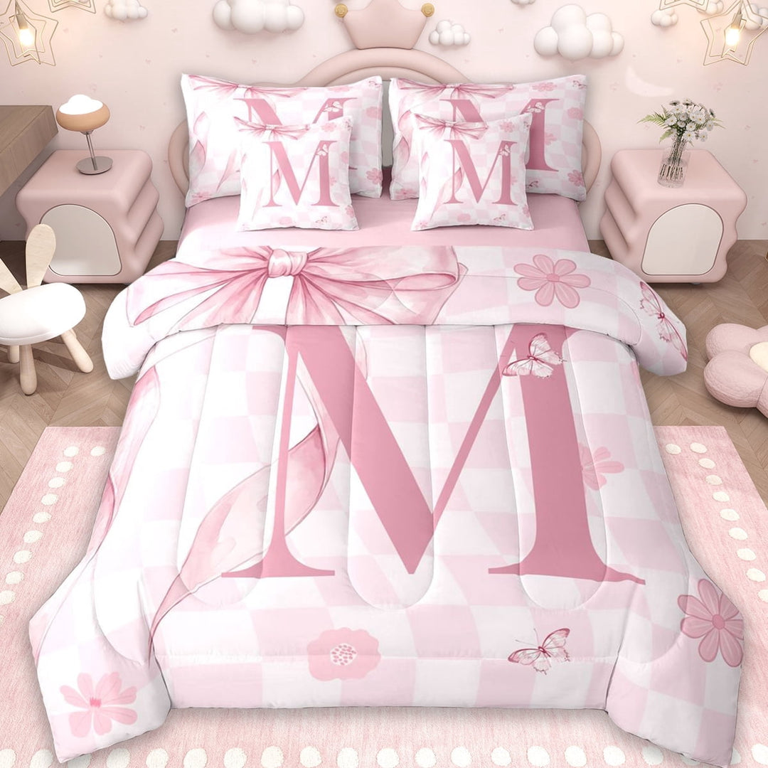 Erosebridal Pink Bowknot Kids 7-Piece Twin Bedding Sets,Letter M Alphabet Bedding Comforter Set For Girl,Reversible pink