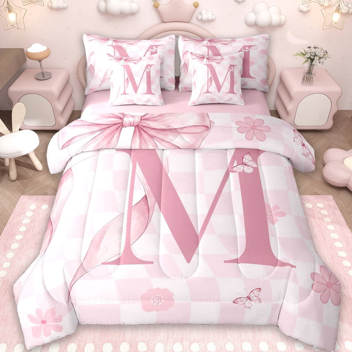Erosebridal Pink Bowknot Kids 7-Piece Twin Bedding Sets,Letter M Alphabet Bedding Comforter Set For Girl,Reversible pink