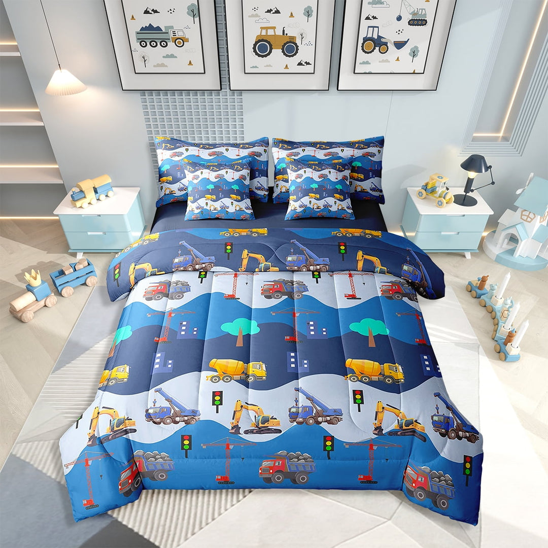 Erosebridal 7Pcs Cartoon Car Bedding Set,Twin Size Comforter Set with Sheets and Pillowcase,7Pcs Bed in a Bag,Construction Truck Bed Set,Excavator Comforter