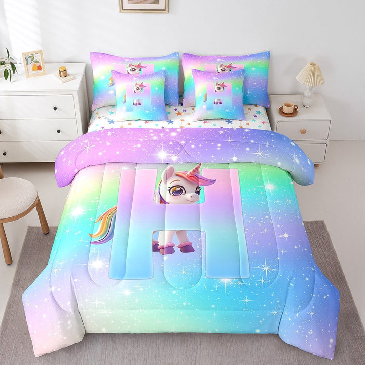 Erosebridal Cartoon Unicorn Bedding Twin Size,Dreamy Starry Night Bed Set,Rainbow Print Monogrammed H Bedding Sets Twin Size,Breathable Room Decor Reversible,7pcs