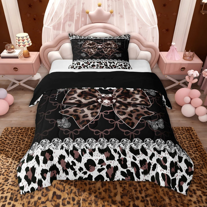 Erosebridal Leopard Print Bow Heart Twin Comforter Sets for Girls, Brown Ribbon Bedding Set, Black Reversible, 2 Pieces