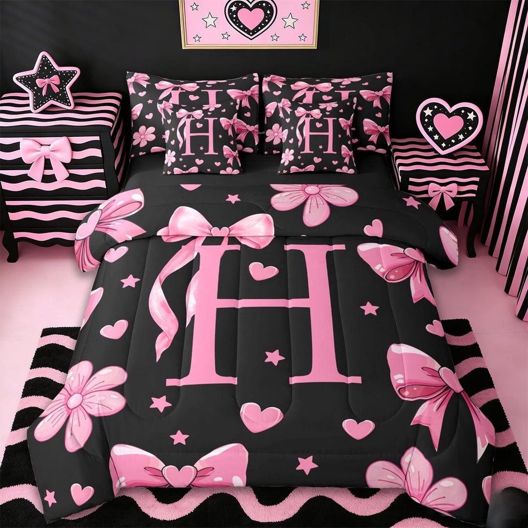 Erosebridal Girls Cute Bowknot 7-Piece Twin Bedding Sets,Pink Loves H Alphabet Bedding Comforter Set For Kids,Reversible black