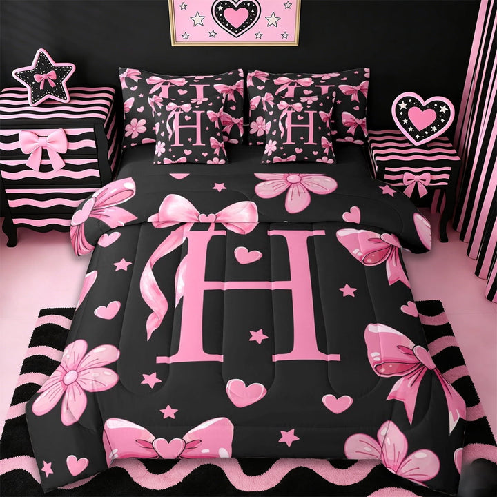 Erosebridal Girls Cute Bowknot 7-Piece Twin Bedding Sets,Pink Loves H Alphabet Bedding Comforter Set For Kids,Reversible black