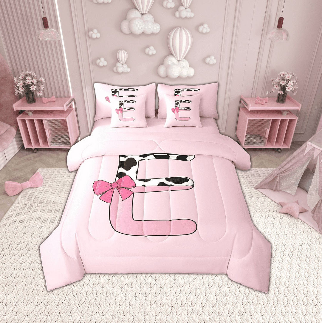 Erosebridal Initial Monogrammed Bedding Sets Twin Size,Bowknot Cow Print Comforter Sets with Sheets,Ultra Soft Reversible Bed in a Bag Twin size,Kawaii Room Decorative,7pcs