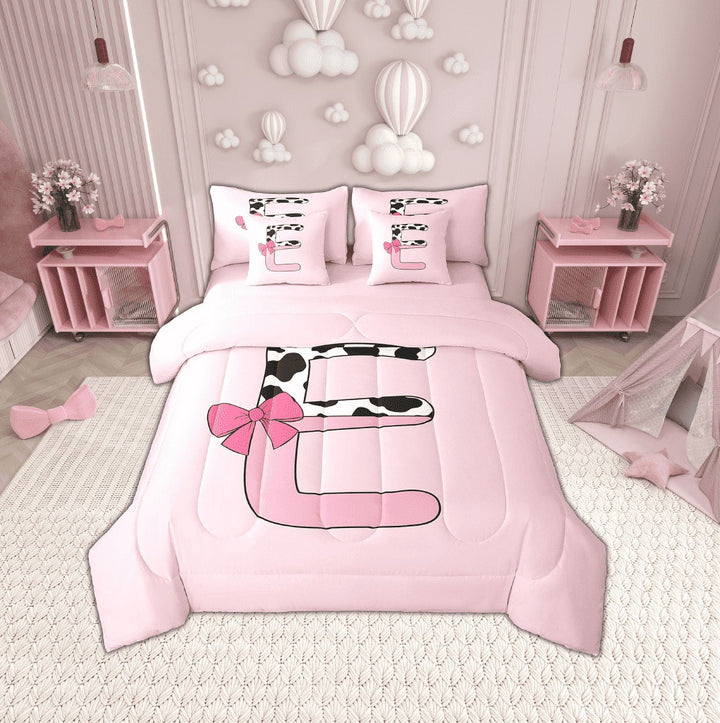 Erosebridal Initial Monogrammed Bedding Sets Twin Size,Bowknot Cow Print Comforter Sets with Sheets,Ultra Soft Reversible Bed in a Bag Twin size,Kawaii Room Decorative,7pcs
