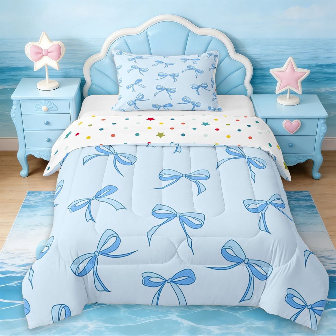 Erosebridal Princess Bowknot Girls Twin Comforter Sets,Blue Ribbon Bowtie Bedding Set For Kids,Reversible,2-Piece