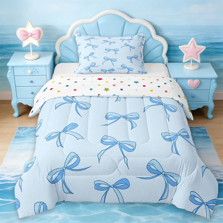 Erosebridal Princess Bowknot Girls Twin Comforter Sets,Blue Ribbon Bowtie Bedding Set For Kids,Reversible,2-Piece