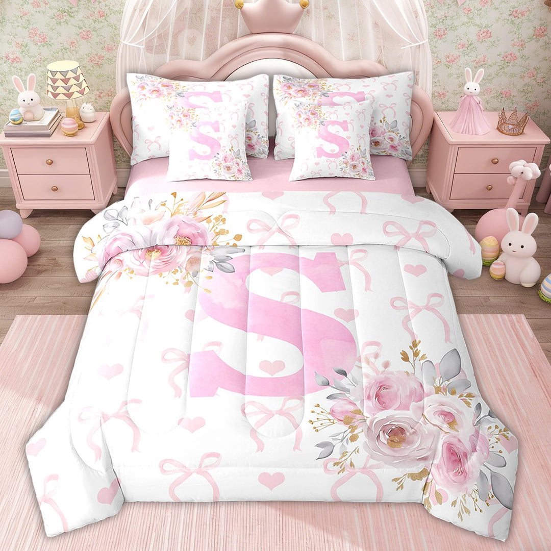 Erosebridal Kids Initial S Letter Bedding Sets Twin Size, Floral Monogrammed Bedding Accessories, Initial A-Z Decor, Pink Reversible