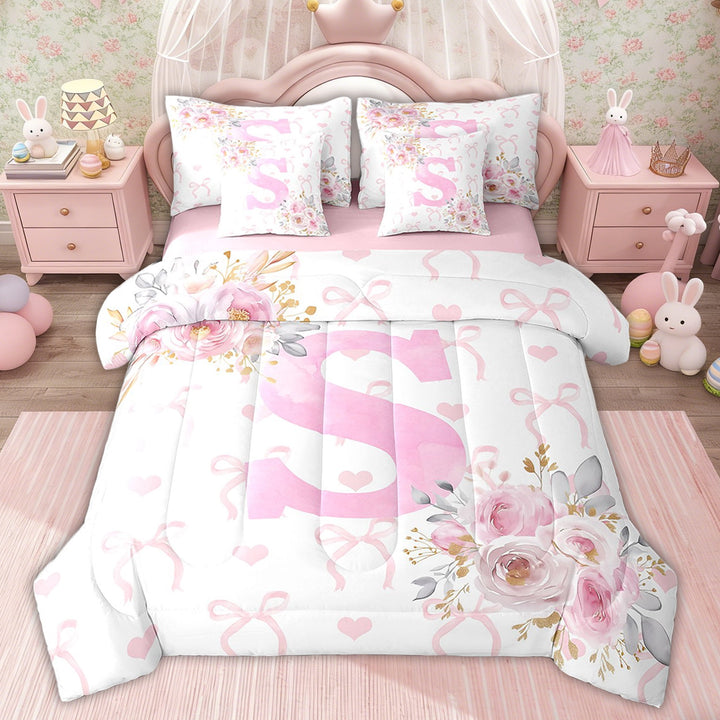 Erosebridal Kids Initial S Letter Bedding Sets Twin Size, Floral Monogrammed Bedding Accessories, Initial A-Z Decor, Pink Reversible