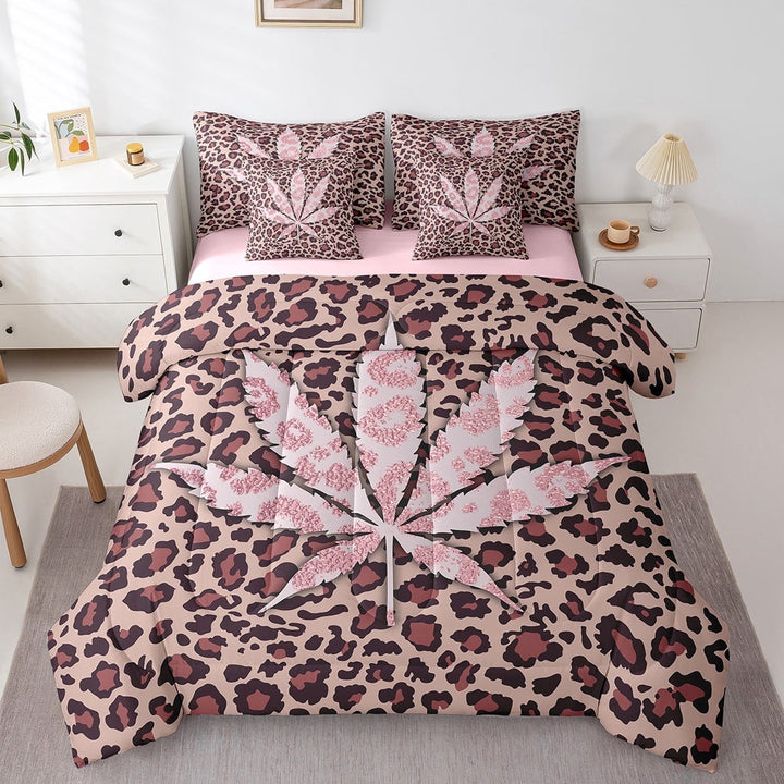 Erosebridal Pink Cheetah Print Bedding Full Size, Leopard Print Leaf Comforter Sets with Sheets, Reversible 7 Pieces