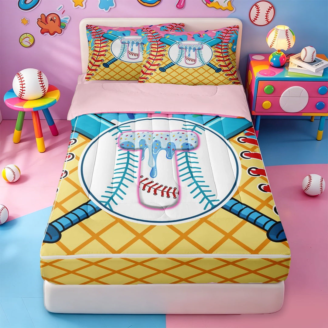 meiyoeat Colorful Baseball Ice Cream Zipper Twin Comforter Sets with Fitted Sheet and 2 Pillowcases For Girls,Ball Sport Theme Letter T Zipper Bedding Set For Kids,pink Reversible,4-Piece