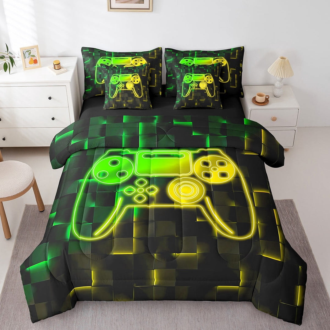 Erosebridal Boys Gamepads Bedding Sets Twin Size,Video Game Comforter Sets with Sheets,Geometric Plaid Bed in a Bag Twin size,Super Cozy Buffalo Bedroom Decorative,Reversible,7pcs