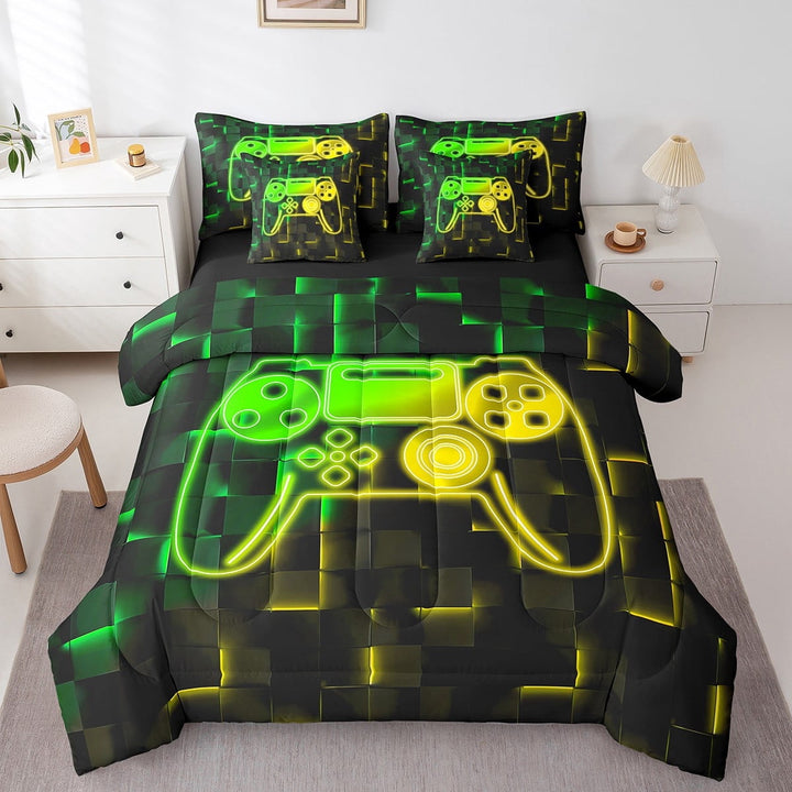 Erosebridal Boys Gamepads Bedding Sets Twin Size,Video Game Comforter Sets with Sheets,Geometric Plaid Bed in a Bag Twin size,Super Cozy Buffalo Bedroom Decorative,Reversible,7pcs