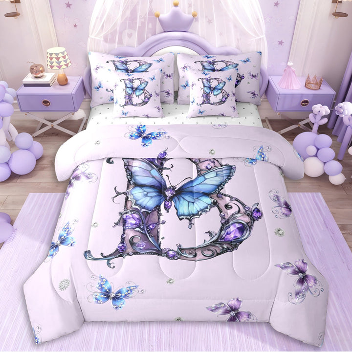 Erosebridal Purple Crystal Letter Monogrammed B Twin Bedding Sets 7-Piece For Teens,Girls Flying Butterflies Bedding Comforter Set,Breathable Home Decor