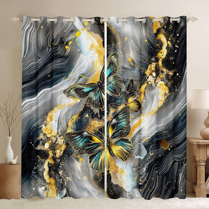 Black Marble 30%-50% Blackout Curtains Teal Butterfly Curtains &amp; Drapes 2 Panels 38Wx45L,Gold Marbling Curtains Abstract Ombre Ink Fluid Art Window Curtains