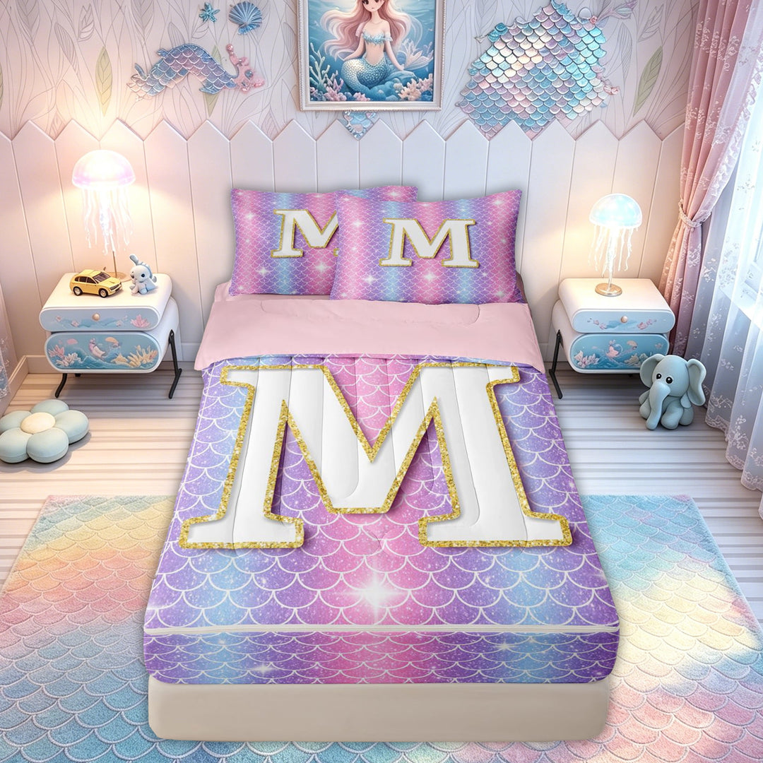 meiyoeat Mermaid Letter M Zipper Comforter Set with Fitted Sheet and 2 Pillowcases for Girls, Glitter Scale Print Zipper Bedding Set for Bedroom, Iridescent, Pink Reversible, 3 Pieces