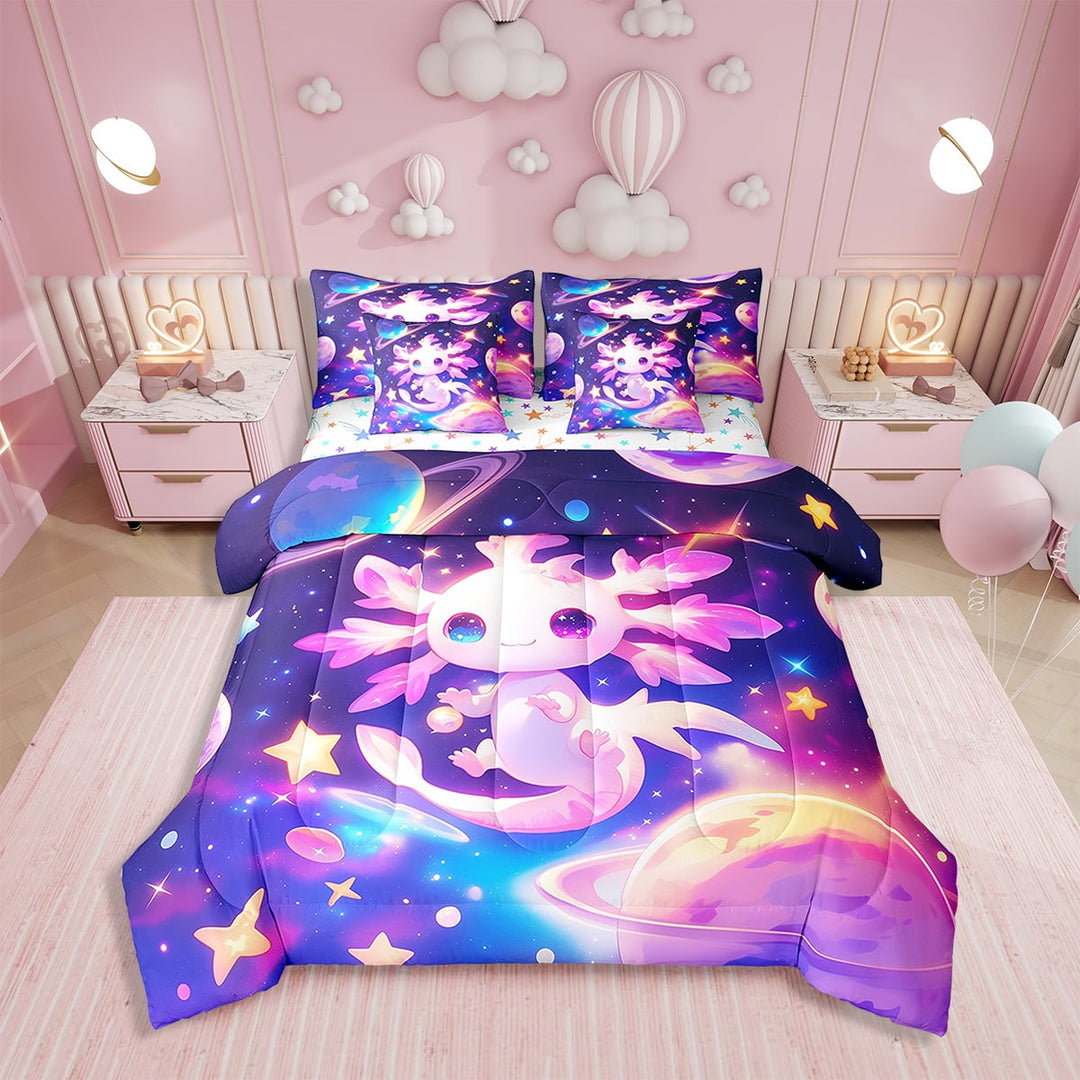 Erosebridal Axolotl Comforter 7 Pieces Bed In A Bag Twin Size,Galaxy Planet Space Bedding Set Cartoon Animal Sheet Set Purple Dreamy Starry Fitted Sheet
