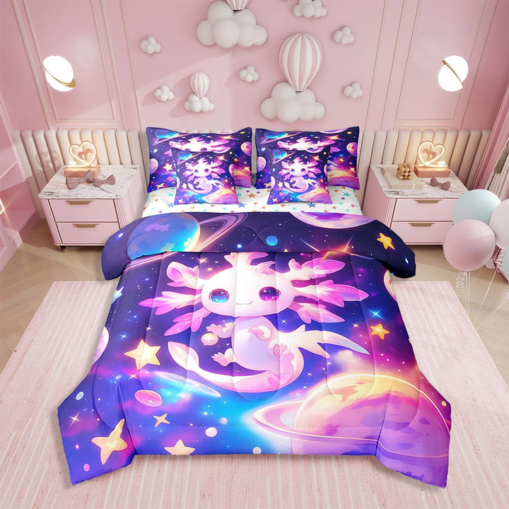 Erosebridal Axolotl Comforter 7 Pieces Bed In A Bag Twin Size,Galaxy Planet Space Bedding Set Cartoon Animal Sheet Set Purple Dreamy Starry Fitted Sheet