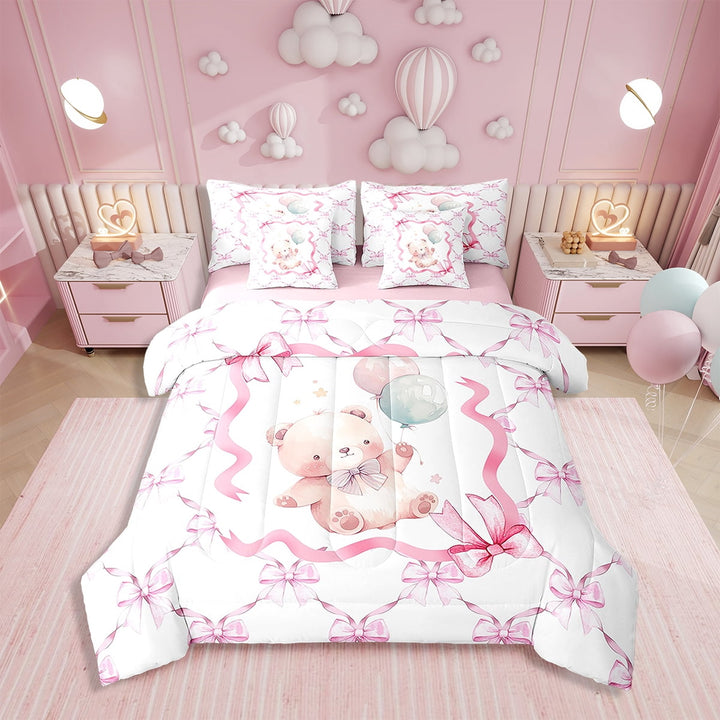 Erosebridal 7 Pieces Bed in a Bag Twin Bedding Set with Sheets,Pink Bowknot Comforter Sets for All Season,1 Comforter,2 Cushion Cases,1 Flat Sheet,1 Fitted Sheet,2 Pillowcases