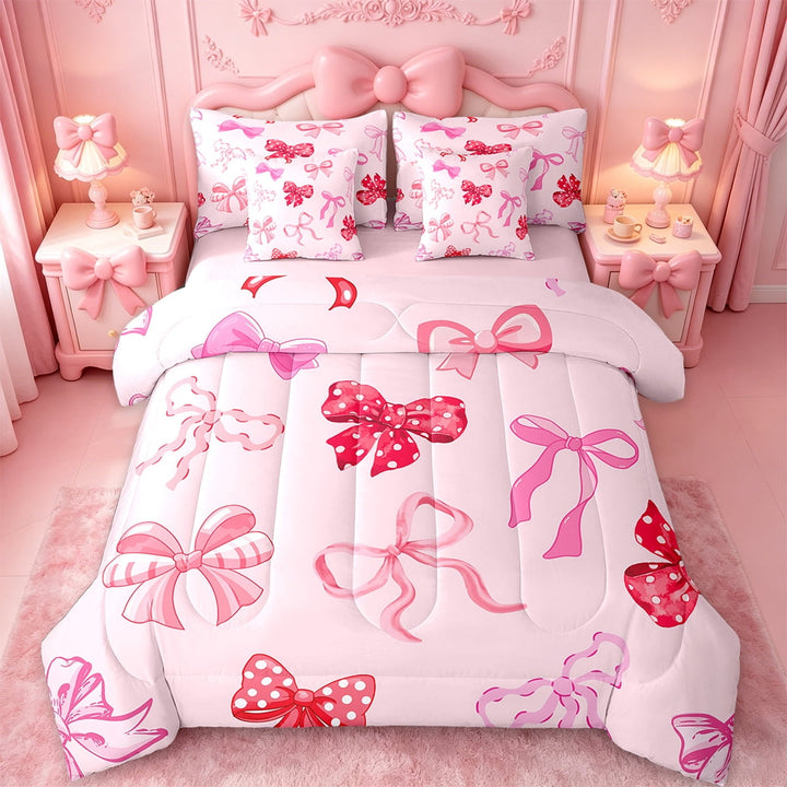 Erosebridal Cartoon Bowtie Bed in a Bag Twin Size,Ribbon Bow Knot Bed Set,Girls Pink Bedding Twin Size,Super Cozy Room Decoration Reversible,7 Pieces