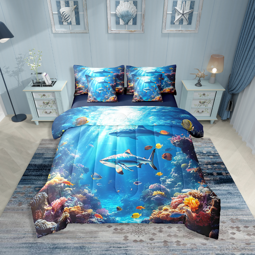 Erosebridal Sea Shark Bedding Sets Twin Size,Ocean Wildlife Comforter Sets with Sheets,Underwater World Decor,Reversible,Breathable,7-Piece