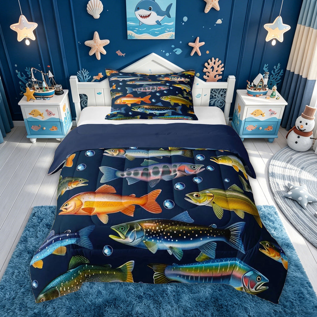 meiyoeat Kawaii Rustic Pike Fish Full Size Comforter Sets for Men Boys, Rustic Lake Animal Bedding Comforter Set, Navy, Blue Reversible, 3-Piece, 1 Comforter and 2 Pillowcases