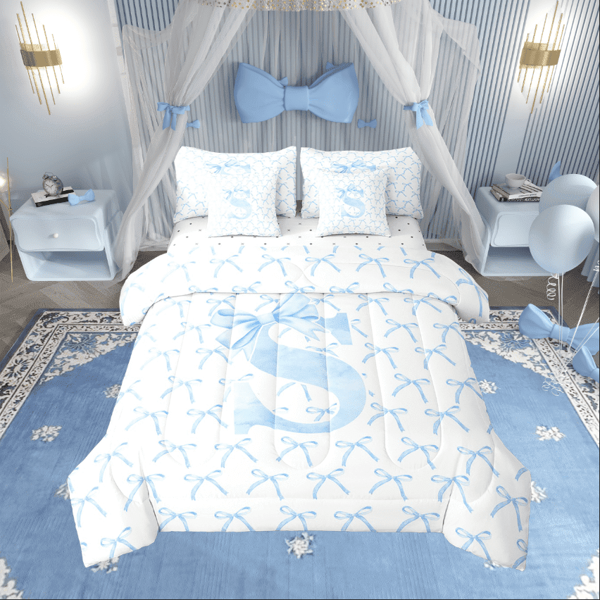 Erosebridal Letter Bow Bedding Sets Twin Size,Monogrammed Initial Comforter Sets with Sheets,Dreamy Room Decorative,Reversible,7pcs