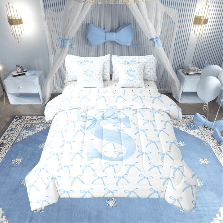 Erosebridal Letter Bow Bedding Sets Twin Size,Monogrammed Initial Comforter Sets with Sheets,Dreamy Room Decorative,Reversible,7pcs