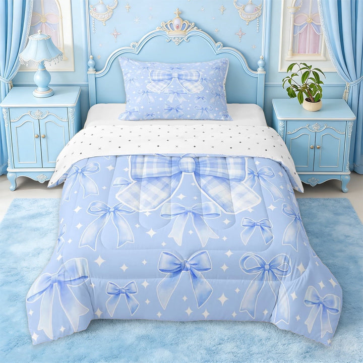 Erosebridal Blue Geometric Grid Twin Comforter Sets,Girls Lovely Bowknot Bedding Set For Kids,Reversible,2 Pieces