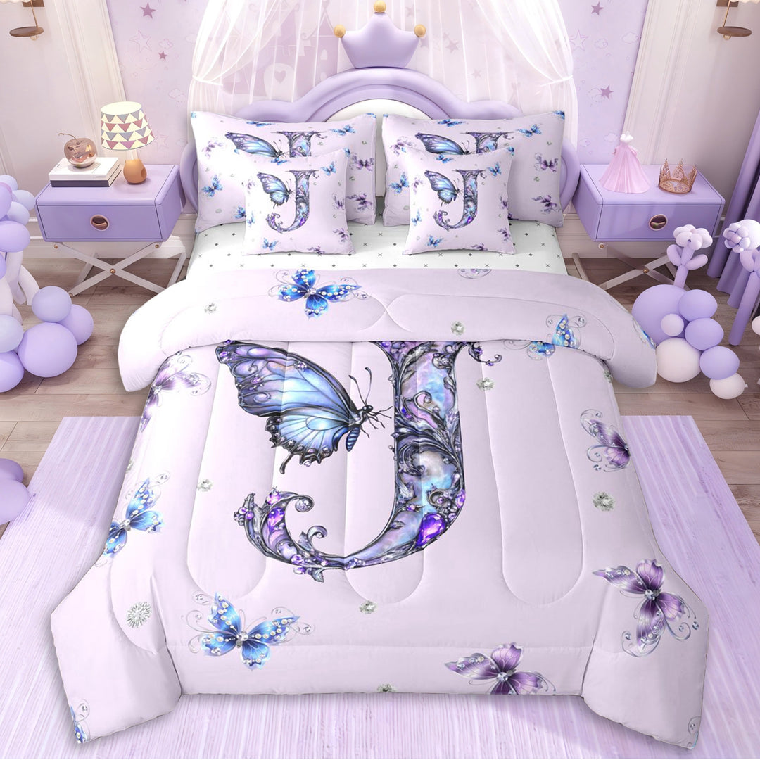 Erosebridal Teens Elegant Personalized J Initial Twin Bedding Sets 7-Piece,Girls Blue Purple Crystal Butterflies Bedding Comforter Set,Microfiber Bedroom Decor
